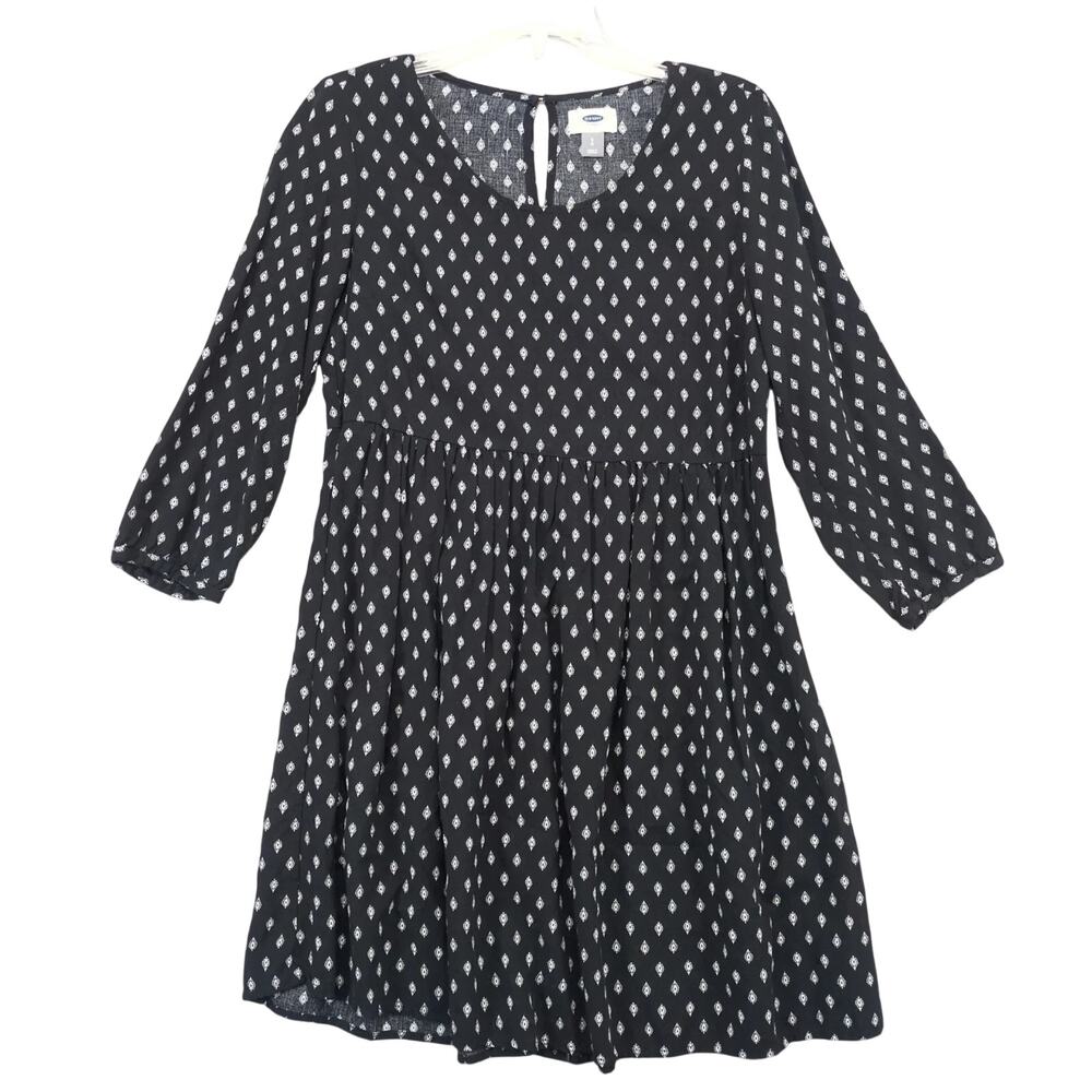 Old Navy Black White Design Mini Dress Sz S Whimsigoth Grunge Pleated Waist